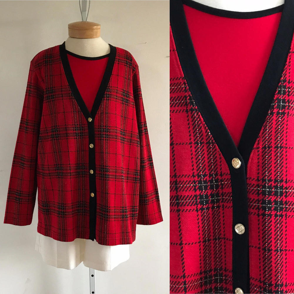 Vintage Red Plaid Ugly Christmas Sweater, Size Large by Cathy Daniels